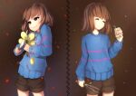  2others :3 artist_name black_eyes blue_sweater box bright_pupils brown_background brown_hair brown_shorts closed_eyes closed_mouth commentary drinking_straw english_commentary facing_object falling_petals flower frisk_(undertale) grin heart highres holding holding_box holding_flower holding_knife holding_stick juice_box knife long_sleeves medium_hair multiple_others petals pink_sweater red_petals red_pupils sasoura short_shorts shorts smile standing stick striped_clothes striped_sweater sweater undertale unusually_open_eyes yellow_flower 