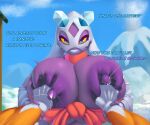 absurd_res ambiguous_gender anthro areola bedroom_eyes big_breasts blue_eyes blush bodily_fluids breast_grab breasts canid canine clothed clothing dialogue dibujosv12 digital_media_(artwork) duo dusk_lycanroc elemental_creature elemental_humanoid english_text female froslass fur generation_4_pokemon generation_7_pokemon ghost hana_(echovalia) hand_on_breast hi_res huge_breasts humanoid lactating looking_at_viewer lycanroc male male/female mammal milk narrowed_eyes nintendo nipples pokemon pokemon_(species) seductive spirit text