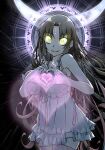  1girl bare_arms black_background black_hair breasts chest_tattoo cleavage commentary_request dress fate/extra fate/extra_ccc fate/grand_order fate_(series) forehead_tattoo frilled_dress frills glowing glowing_eyes glowing_tattoo grey_dress grin halo halo_behind_head heart heart_hands horns huge_breasts long_hair multicolored_hair parted_bangs pink_hair pink_ribbon pink_thighhighs ribbon see-through_horns sessyoin_kiara smile solo streaked_hair takuteks tattoo thighhighs very_long_hair yellow_eyes 