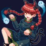  1girl :d animal_ears black_footwear blunt_bangs bow braid breasts cat_ears cat_tail commentary_request dress extra_ears fang feet_out_of_frame flaming_skull floating_skull frilled_dress frilled_sleeves frills green_dress hair_bow juliet_sleeves kaenbyou_rin long_hair long_sleeves multiple_tails open_mouth paw_pose pixel_art puffy_sleeves red_eyes red_hair skin_fang skull small_breasts smile solo subterranean_animism tail toshi6786 touhou twin_braids two_tails v-shaped_eyebrows 