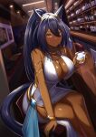  1girl absurdres animal_ears bar_(place) bar_stool bare_shoulders blue_gemstone blue_hair bracelet breasts cleavage crossed_legs cup dark-skinned_female dark_blue_hair dark_skin dress ear_ornament gem gold_choker hair_between_eyes highres hishi_amazon_(umamusume) holding holding_cup horse_ears horse_girl horse_tail jewelry large_breasts leaning_forward long_hair looking_at_viewer necklace on_stool parted_lips ponytail red_eyes same_kujira_(challenger_310) sitting smile solo sparkle stool tail umamusume very_long_hair white_dress 