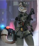 anthro armor armored_vehicle assault_rifle body_armor bulletproof_vest city city_background clothing cougar disney felid feline female gun hinget holster mammal police police_uniform police_vehicle raining ranged_weapon rifle solo swat tactical_gear uniform valerie_(grizzlygus) vehicle weapon zootopia zpd