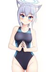  1girl animal_ear_fluff animal_ears ass_visible_through_thighs bare_arms bare_shoulders blue_archive blue_eyes blue_one-piece_swimsuit blush breasts closed_mouth collarbone commentary_request covered_navel extra_ears grey_hair groin hair_between_eyes hair_ornament halo head_tilt highres looking_at_viewer medium_breasts one-piece_swimsuit prophosphere shiroko_(blue_archive) simple_background smile solo steepled_fingers swimsuit white_background 