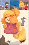  absurd_res anal_bead_pull anal_beads animal_crossing anthro big_breasts blush bodily_fluids breasts butt canid canine canis clothed clothing domestic_dog female fur genital_fluids hair hi_res isabelle_(animal_crossing) mammal nintendo pyu_ta08 sex_toy shih_tzu toy_dog villager_(animal_crossing) yellow_body yellow_fur 