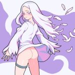  1girl ass breasts feathers highres long_hair long_sleeves looking_at_viewer looking_back medium_breasts nakanishimula no_pupils original pink_nails purple_background purple_eyes pussy_juice shirt standing thigh_strap white_background white_hair white_shirt 