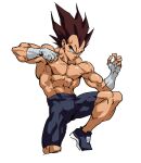  1boy abs amachu_a bandaged_arm bandages black_shorts brown_hair commentary cropped_legs dragon_ball dragon_ball_z furrowed_brow hashtag-only_commentary highres male_focus muay_thai muscular muscular_male serious shorts solo topless_male vegeta 