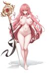  1girl absurdres ass_visible_through_thighs barefoot black_ribbon completely_nude hair_between_eyes hair_ornament highres holding holding_staff lilac_(k32420276) long_hair navel nipples nude original pink_eyes pink_hair pussy ribbon shadow shiny_skin staff uncensored white_background 