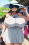  1girl absurdres bag black_choker black_hair blue_eyes blurry blurry_background blush breasts choker collarbone covered_nipples day dress english_commentary english_text green-framed_eyewear grin hat heart highres holding holding_bag huge_breasts looking_at_viewer munah_mai_(munah_munah) munah_munah naughty_face no_bra original outdoors over-rim_eyewear removing_eyewear semi-rimless_eyewear short_hair short_ponytail smile solo speech_bubble sun_hat sundress sunglasses tomboy toned white_dress white_hat 