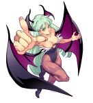  1girl amachu_a bat_wings breasts brown_pantyhose cleavage clothing_cutout commentary foreshortening full_body green_eyes green_hair head_wings heart_cutout highleg highleg_leotard highres leotard long_hair medium_breasts morrigan_aensland pantyhose pointing pointing_at_viewer solo strapless strapless_leotard vampire_(game) very_long_hair wings 