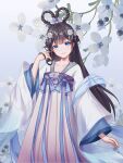  1girl black_hair blue_eyes book book_stack chinese_clothes closed_mouth collarbone dress flower hair_flower hair_ornament hair_rings hand_up hanfu highres long_hair long_sleeves looking_at_viewer m41m original qixiong_ruqun ruqun shawl smile solo standing very_long_hair wide_sleeves 