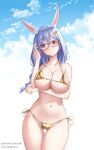  1girl :o animal_ear_fluff animal_ears arm_under_breasts artist_name bikini blue_hair blue_sky braid braided_ponytail breasts carrot_hair_ornament cloud cowboy_shot food-themed_hair_ornament glass gold_bikini hair_ornament head_tilt highres hololive joko_jmc large_breasts long_hair micro_bikini multicolored_hair paid_reward_available pekomama rabbit_ears rabbit_girl red-framed_eyewear red_eyes shiny_swimsuit short_eyebrows side-tie_bikini_bottom sky solo string_bikini swimsuit thigh_gap two-tone_hair virtual_youtuber white_hair 