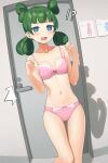  !? 1girl ^^^ apollo_(hu_maple) blue_eyes blush bow bow_bra bow_panties bra breasts commentary_request commission crotch_seam door dutch_angle fang green_hair highres indoors looking_at_viewer medium_hair navel open_mouth original panties pink_bra pink_panties quad_tails shadow skin_fang small_breasts smile solo standing sweatdrop thigh_gap underwear underwear_only 