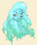 2022 anthro breasts canid canine canis domestic_dog dripping eyebrows eyelashes featureless_breasts female goo_creature green_eyes green_tongue hi_res mammal open_mouth pseudo_hair simple_background slime solo sparkles spookieghoulie teal_body tongue watermark yellow_background