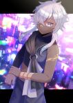  asymmetrical_sleeves black_pants black_shirt blurry blurry_background building cityscape closed_mouth commentary_request commission dark_skin depth_of_field grey_eyes grey_hair hair_over_one_eye kou_hiyoyo long_hair long_sleeves original pants shirt skeb_commission solo 