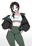  1girl :o absurdres aoki_kei black_hair black_jacket breasts collarbone green_leggings hands_in_pockets head_tilt highres idolmaster idolmaster_cinderella_girls jacket leggings looking_at_viewer simple_background small_breasts solo sports_bra trainer_(idolmaster) ushimochi white_background white_sports_bra 