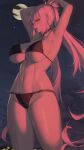  1girl absurdres armpits arms_behind_head arms_up bare_shoulders breasts cleavage collarbone fate/grand_order fate_(series) full_moon grey_hair highres jeanne_d&#039;arc_alter_(avenger)_(fate) jeanne_d&#039;arc_alter_(fate) kakeku large_breasts long_hair moon navel night night_sky ponytail sky solo thighs yellow_eyes 