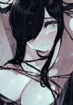  1girl aria_wintermint armpits arms_up bare_shoulders black_choker black_hair blush breasts choker cleavage collarbone green_eyes hair_over_one_eye large_breasts long_hair looking_at_viewer no_bra open_mouth parororo solo swept_bangs tears the_crawling_city torn_clothes wavy_mouth 