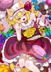  1girl absurdres animal_ears ascot ball blonde_hair blurry blurry_background cat_ears commentary flandre_scarlet frilled_skirt frills hat hat_ribbon highres leg_ribbon looking_at_viewer mob_cap navel one_side_up open_mouth paw_print red_eyes red_skirt ribbon samon_(vxxr8575) short_hair skirt solo stuffed_animal stuffed_cat stuffed_rabbit stuffed_toy teddy_bear touhou white_hat wings yarn yarn_ball yellow_ascot 