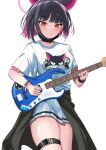  1girl animal_ears bass_guitar black_choker black_hair blue_archive cat_ears choker clothes_around_waist colored_inner_hair cowboy_shot extra_ears guitar halo highres holding holding_bass_guitar holding_instrument instrument kazusa_(band)_(blue_archive) kazusa_(blue_archive) looking_at_viewer mask mask_pull mouth_mask multicolored_hair nigori_(keydoor) official_alternate_costume pink_hair pink_halo playing_bass red_eyes shirt short_hair short_sleeves simple_background skirt solo thigh_strap white_background white_shirt white_skirt 