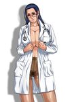  black-framed_glasses black_hair blue_eyes blue_hair breasts brown_legwear cleavage coat collarbone doctor female glasses hair_slicked_back head_tilt huge_breasts kazuki_kotobuki labcoat lips long_hair long_sleeves looking_at_viewer nico_robin no_bra no_panties no_pants no_shirt one_piece open_clothes open_shirt pantyhose parted_lips pubic_hair see-through shadow simple_background solo stethoscope white_background 
