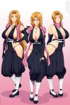  adapted_costume bleach bleach:_sennen_kessen-hen breasts brown_hair cleavage elbow_gloves gloves highres hip_vent large_breasts lindaroze long_hair looking_at_viewer matsumoto_rangiku mole mole_under_mouth multiple_persona pink_scarf pink_shawl scarf shawl short_hair standing thighs thong 