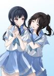  2girls absurdres akane_(tgixb) black_hair hands_on_another&#039;s_shoulders hibike!_euphonium highres kasaki_nozomi long_hair multiple_girls ponytail red_eyes school_uniform smile yoroizuka_mizore yuri 