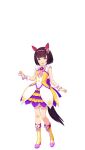  1girl :d animal_ears ankle_boots bad_link black_hair blunt_bangs bob_cut boots dress ear_covers ear_ornament full_body game_model hair_ornament hairband highres horse_ears horse_girl horse_tail lokigun looking_at_viewer nishino_flower_(umamusume) open_mouth pink_hairband purple_eyes short_hair sleeveless sleeveless_dress smile solo standing tachi-e tail transparent_background umamusume x_hair_ornament yellow_footwear 