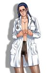  black-framed_glasses black_hair black_legwear blue_eyes blue_hair breasts cleavage coat collarbone female glasses hair_slicked_back head_tilt huge_breasts kazuki_kotobuki labcoat lips long_hair long_sleeves looking_at_viewer nico_robin no_bra no_panties no_pants no_shirt one_piece open_clothes open_shirt pantyhose parted_lips pubic_hair shadow simple_background solo stethoscope white_background 