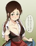  apron barmaid blush braid breasts brown_hair cleavage closed_mouth collarbone dirndl downblouse dragon_nest face german_clothes green_eyes highres kyo_(kuroichigo) may_(dragon_nest) medium_breasts shirt_pull short_eyebrows sketch skirt_hold smile solo speech_bubble translated twin_braids unbuttoned waist_apron 