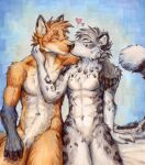 abs absurd_res akatan_art anthro anthro_on_anthro athletic athletic_male black_nose canid duo eyes_closed felid fur gloves_(marking) grey_body grey_fur grey_hair hair heart_symbol hi_res kissing male male/male mammal markings navel nude orange_body orange_fur orange_hair pecs short_hair simple_background sitting white_body white_fur