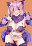  1girl absurdres animal_ears bare_shoulders blush bow breasts cleavage elbow_gloves fate/grand_order fate_(series) fur-trimmed_gloves fur-trimmed_legwear fur_collar fur_trim gloves hair_over_one_eye highres lace-trimmed_legwear lace_trim large_breasts len_(hand_linke) looking_at_viewer mash_kyrielight mash_kyrielight_(dangerous_beast) navel o-ring official_alternate_costume open_mouth orange_background purple_eyes purple_gloves purple_tail purple_thighhighs revealing_clothes short_hair smile solo tail thighhighs wolf_ears wolf_tail 