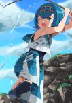  1girl ;d absurdres arms_up black_footwear blue_eyes blue_hair blue_pants bright_pupils cloud commentary_request coralreef966 day fishing fishing_rod hairband highres holding holding_fishing_rod lana_(pokemon) leg_up one_eye_closed open_mouth outdoors pants pokemon pokemon_sm sandals shirt short_hair sky sleeveless sleeveless_shirt smile solo swimsuit swimsuit_under_clothes toes white_shirt yellow_hairband 