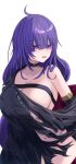  1girl ahoge azur_lane black_choker black_dress breasts choker collarbone dress fuyuame5089 groin highres huge_breasts long_hair mogador_(azur_lane) mole mole_on_breast open_mouth purple_eyes purple_hair simple_background single_bare_shoulder solo torn_clothes torn_dress very_long_hair white_background 