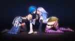  2024 2girls absurdres anna_o_renko aqua_(kingdom_hearts) blue_hair dark_background highres holding_hands kingdom_hearts kiss multiple_girls rosario+vampire saliva saliva_trail shirayuki_mizore thighhighs tongue tongue_out yuri 