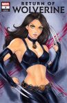  1girl animification black_hair chain_belt claws comic_cover green_eyes highres leather leather_pants marvel navel pants solo superhero_costume weijic x-23 x-men 