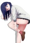  1girl arm_support ass black_hair black_skirt blue_eyes brown_footwear commentary_request covered_mouth drop_shadow eyelashes foot_out_of_frame from_side gridman_universe hair_behind_ear hand_on_own_leg hand_up knee_up koganei leaning_forward loafers long_hair long_sleeves looking_at_viewer miniskirt orange_scrunchie panties panty_peek partial_commentary pleated_skirt school_uniform scrunchie shoes skirt solo ssss.gridman standing standing_on_one_leg straight_hair sweater takarada_rikka thighs tsurime underwear white_panties white_sweater wrist_scrunchie 