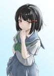  1girl absurdres akane_(tgixb) black_hair bow hair_bow hand_on_own_chin hibike!_euphonium highres hisaishi_kanade looking_at_viewer red_eyes school_uniform short_hair smile 