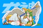  1girl bare_shoulders blue_background blue_eyes blush breasts cleavage commentary dress feathered_wings full_body green_hair hachinos_ssb highres holding holding_staff kid_icarus large_breasts long_hair looking_at_viewer palutena posing solo staff strapless strapless_dress symbol-only_commentary translation_request white_wings wings 