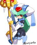  1girl armor commentary_request cowboy_shot crotch_plate forehead_jewel green_hair helmet holding holding_staff long_hair mega_man_(series) mega_man_zx model_w_(mega_man) pandora_(mega_man) power_armor red_eyes simple_background solo staff white_armor white_background white_helmet yuriyuri_(ccc) 