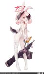  1girl animal_ears bag bare_shoulders black_wings blue_archive blush breasts carrot collarbone cui_pi_zha_xia_qiu fake_animal_ears fake_tail feathered_wings food full_body gun halo head_wings koharu_(blue_archive) leotard long_hair looking_at_viewer open_mouth pink_eyes pink_hair playboy_bunny rabbit_ears rabbit_tail red_halo simple_background small_breasts solo standing strapless strapless_leotard tail thighhighs twintails vegetable weapon white_background white_leotard white_thighhighs wings wrist_cuffs 