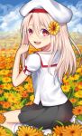  1girl :d black_skirt blonde_hair blush cloud day fate/kaleid_liner_prisma_illya fate_(series) field flower flower_field full_body hair_between_eyes hair_flower hair_ornament hat illyasviel_von_einzbern kuraka long_hair looking_at_viewer magical_girl miniskirt open_mouth outdoors puffy_sleeves red_eyes school_uniform short_sleeves sitting skirt sky smile solo sunflower teeth uniform yellow_flower 