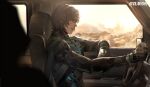  artist_request belt cape car desert driving eyepatch grey_hair highres mechanical_arms mechanical_heart mechanical_parts motor_vehicle official_art profile punishing:_gray_raven sitting steering_wheel watanabe_(punishing:_gray_raven) window yellow_eyes 