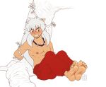 3rdharleyjoe 5_toes animal_humanoid barefoot blush bottomwear bound claws clothed clothing feet hair humanoid inuyasha inuyasha_(inuyasha) jewelry male necklace nipples pants red_bottomwear red_clothing red_pants signature simple_background soles solo toe_claws toes topless white_hair