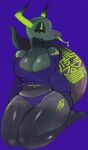 2023 2_horns anthro big_breasts black_sclera bottomwear breasts cleavage clothed clothing digital_drawing_(artwork) digital_media_(artwork) female front_view glistening_eyelids green_horn green_markings green_tongue grey_body grey_scales grey_skin grey_tail hi_res horn kneeling leg_markings lidded_eyes long_tongue markings midriff navel non-mammal_breasts purple_background purple_bottomwear purple_clothing purple_topwear purple_underwear reptile scales scalie simple_background snake solo spinarooz tail tail_markings thick_tail thigh_markings tongue tongue_out topwear underwear