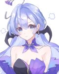  1girl alternate_eye_color alternate_wings bare_shoulders black_dress black_wings blue_eyes blue_hair breasts cleavage closed_mouth demon_wings detached_sleeves dress earrings hair_between_eyes halo head_wings highres honkai:_star_rail honkai_(series) jewelry long_hair looking_at_viewer pout purple_dress robin_(honkai:_star_rail) simple_background temtem_onigiri two-tone_dress upper_body white_background wings 