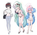  3girls absurdres alternate_costume aqua_hair ayane_(blue_archive) bag bikini black_bikini blue_archive blue_eyes blue_pants eyewear_on_head fang halo heterochromia highres hoshino_(blue_archive) hoshino_(swimsuit)_(blue_archive) hoshino_(young)_(blue_archive) iv_(iv70311741) multiple_girls navel official_alternate_costume pants pink_hair pink_halo red-framed_eyewear red_halo sandals shirt simple_background skin_fang swim_ring swimsuit white-framed_eyewear white_background white_bikini white_shirt yellow_eyes yellow_halo yume_(blue_archive) 