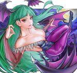  1girl ai_shou animal_print bare_shoulders bat_print black_leotard boots breasts bridal_gauntlets cleavage demon_girl full_moon green_eyes green_hair head_wings highres leotard long_hair looking_at_viewer moon morrigan_aensland pantyhose purple_pantyhose smile solo strapless strapless_leotard vampire_(game) wings 