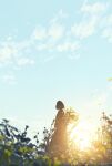  1girl absurdres arms_at_sides blue_sky bush cloud dress facing_away falling_leaves from_behind highres leaf lens_flare long_dress morning original outdoors plant scenery short_hair signature silhouette sky skyrick9413 solo sun sunrise wide_shot 