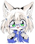 2024 4_fingers anthro black_nose blep blush canid canine chibi clothed clothing digital_media_(artwork) eyewear female female_anthro fingers fox fur glasses green_eyes hair hi_res hitonounti icon jacket kemono looking_at_viewer mammal portrait simple_background solo tan_body tan_fur tan_hair tongue tongue_out topwear wearing_glasses white_background white_body white_fur zipper