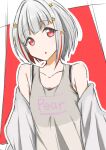  1girl :o absurdres black_sports_bra bob_cut clothes_writing collarbone colored_inner_hair commentary diagonal_bangs flat_chest grey_hair grey_jacket grey_tank_top hair_ornament highres inverted_bob jacket link!_like!_love_live! looking_at_viewer love_live! multicolored_hair off_shoulder open_mouth outline red_background red_eyes red_hair short_hair solo sports_bra star_(symbol) star_hair_ornament streaked_hair sukihiro tank_top upper_body virtual_youtuber white_outline yugiri_tsuzuri 